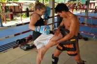 Dakaota gives knee strike at Tiger Muay Thai and MMA Training Camp, Phuket, Thailand