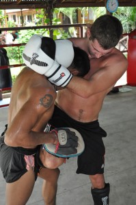 Michael in clinch at Tiger Muay Thai, Thailand